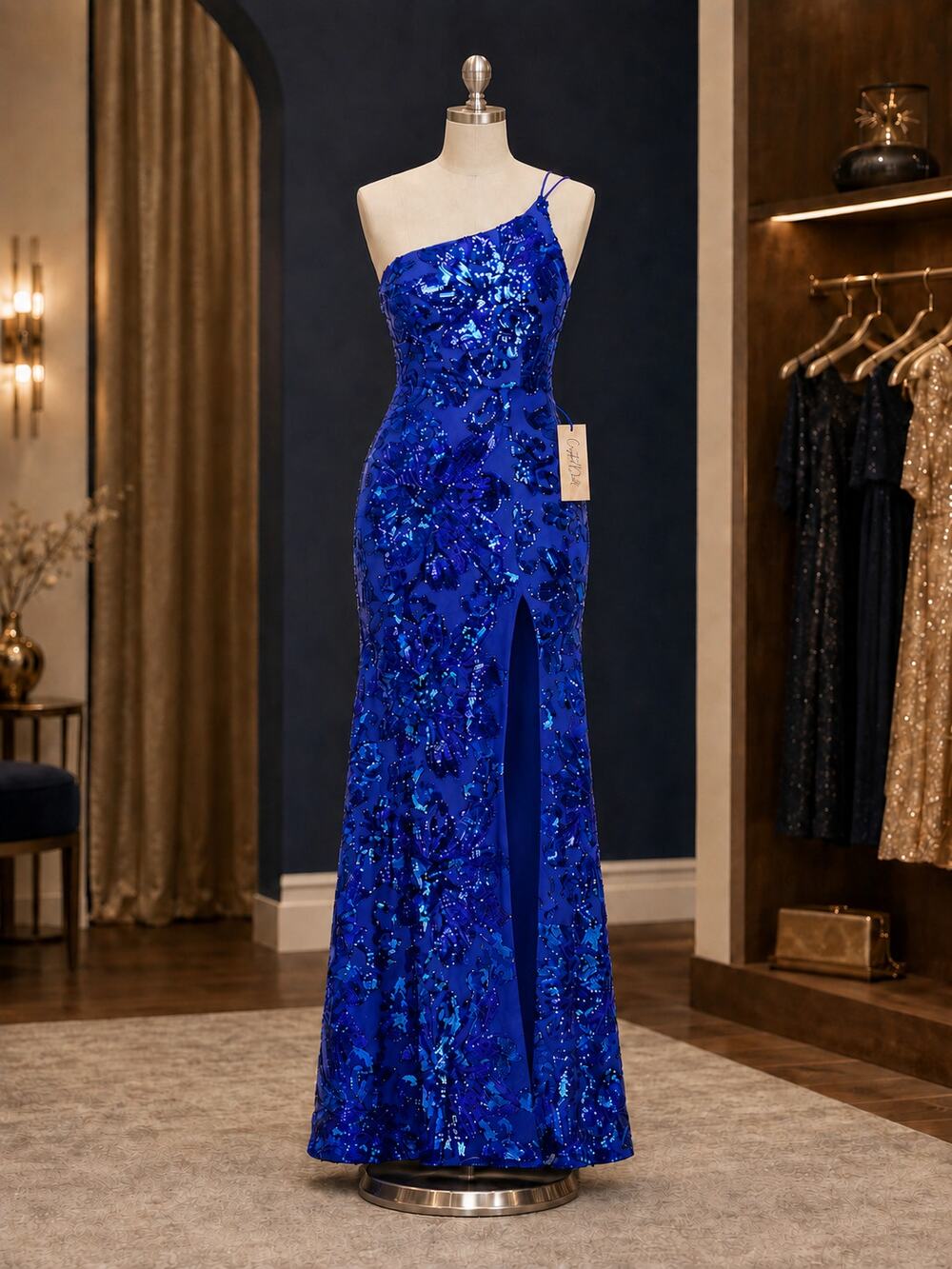 Crystal Doll Floral Sequin One Shoulder Gown Juniors 13 Blue NWT Formal
